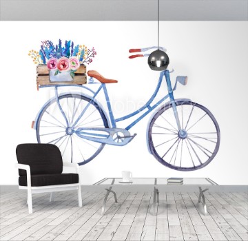 Picture of watercolor vintage bicycle with box of flowers 